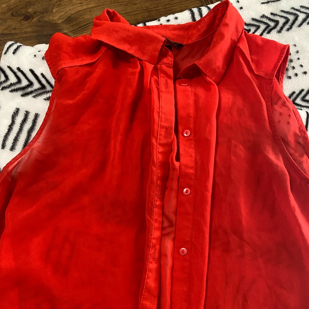 Red Sheer Button Top